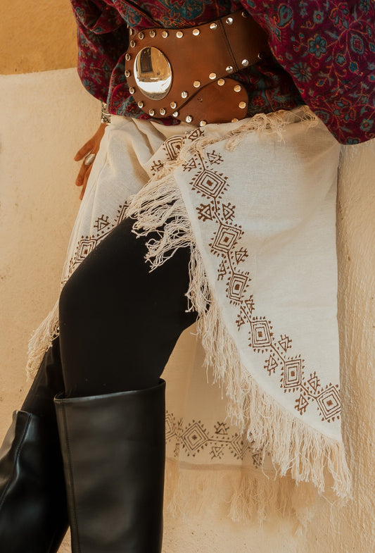 Falda Pareo Mágica Block Print con flecos