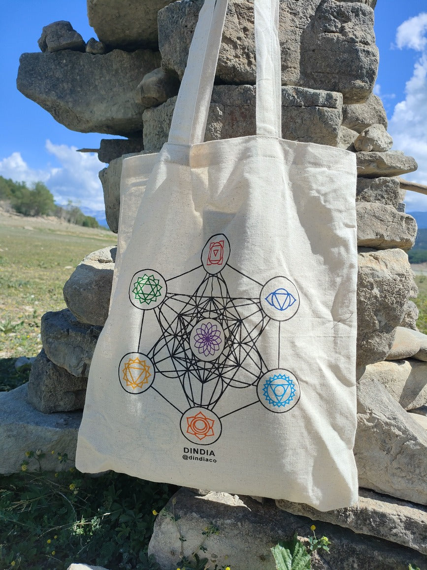 Pack x 5 Bolsa tela dibujo Flor de la vida con 7 Chakras