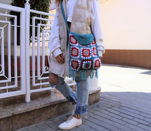 Bolso Crochet Lha con flecos, hecho a mano en la India