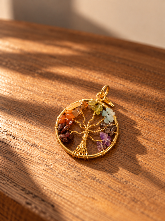 Colgante árbol de la vida con minerales dorado, detalle 2